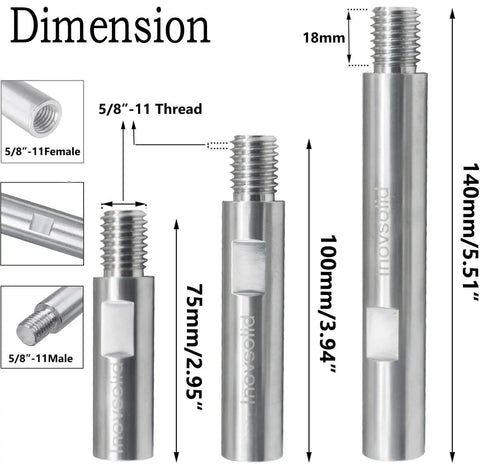 Gimme More Reach And Crush DIY Tasks Fast With This Badass Three Piece 5/8 11 Thread Angle Grinder Shaft Extension Linkage Bar dimensions showing aluminum sizes.