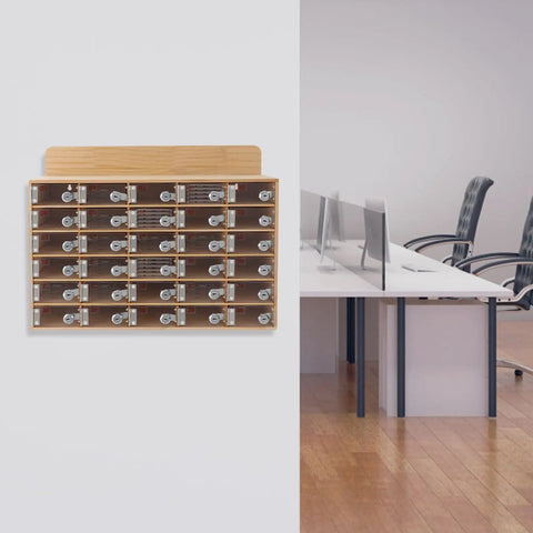 Gear Up And Lock It Down With This 30 Slot Cell Phone Locker Featuring Individual Keyed Covers on wall in office setting.
