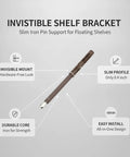 Ultra Slim Low Profile Hidden Floating Shelf Bracket For 6.8 Inch Wood Boards, Invisible Iron Pin Mount, brown, features labeled