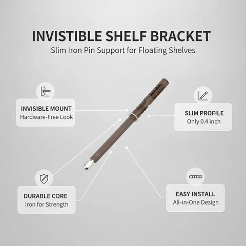 Ultra Slim Low Profile Hidden Floating Shelf Bracket For 6.8 Inch Wood Boards, Invisible Iron Pin Mount, brown, features labeled