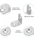 Heavy Duty Stainless Steel 90 Degree L Bracket For Furniture Reinforcement And Shelf Support 1.6mm Thick Silver Finish