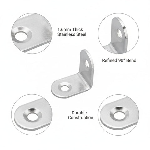 Heavy Duty Stainless Steel 90 Degree L Bracket For Furniture Reinforcement And Shelf Support 1.6mm Thick Silver Finish
