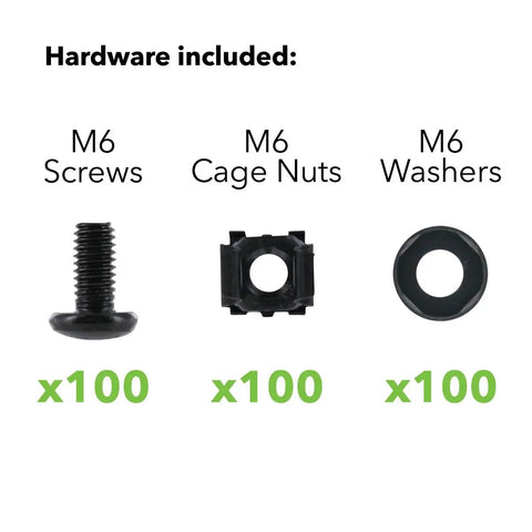 M6 Cage Nuts And Screws For Server Rack Mounts And Cabinet Installations Includes Heavy Duty Nylon Washers showing 100 screws, 100 cage nuts, 100 washers.