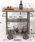 Heavy Duty Metal Industrial Rolling Cart With Three Roomy Shelves For Kitchen Storage Bar Setup And Home Organization Top Shelf Iron Frame Wood Finish with drinks and jars displayed.