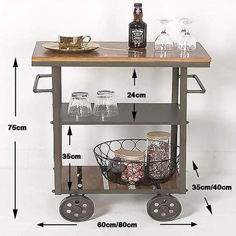 Heavy Duty Metal Industrial Rolling Cart With Three Roomy Shelves For Kitchen Storage Bar Setup And Home Organization Top Shelf Iron Frame Wood Finish with drinks and jars displayed.
