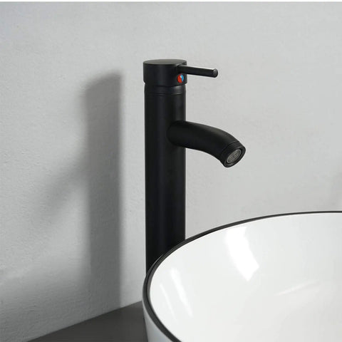 White Ceramic Vessel Sink For Countertop Install Round Above Counter Porcelain Basin With Black Faucet And Pop Up Drain Scratch Resistant Dope Finish Easy Clean Surface Sleek Modern Gift Idea For Home Renovation, close-up of sink with black faucet against white background