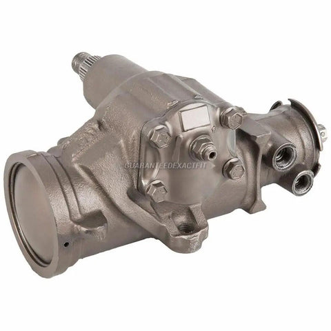 Remanufactured Power Steering Gearbox For Chevy GMC Dodge Full Size Vans Zero Fuss Straight Swap Rock Solid Build Smooth Handling Fix With Three Year Unlimited Mileage Warranty, showing metal gearbox side view.