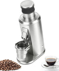 Single Dose Espresso Coffee Grinder With Killer 80mm Stainless Steel Flat Burrs And Totally Smooth Stepless Adjustment Dial For Clutch Extraction In Modern Matte Black Build with coffee beans and cup