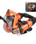 Badass 5200W Electric Wall Chaser Powers Through Brick Concrete And Tile While Dishing Out Hella Precise Grooves Fast With Laser Tracking And Slick Depth Tweaks. Close-up view of orange wall chaser with blade and handle.
