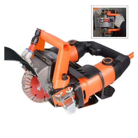 Badass 5200W Electric Wall Chaser Powers Through Brick Concrete And Tile While Dishing Out Hella Precise Grooves Fast With Laser Tracking And Slick Depth Tweaks. Close-up view of orange wall chaser with blade and handle.