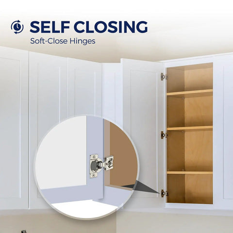 Satin Nickel Soft Close Cabinet Hinges Half Inch Overlay 60 Pack Smooth Operator Hardware on cabinet door interior view.