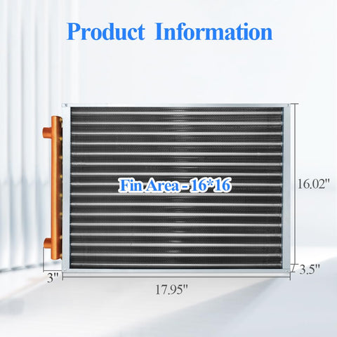 Water To Air Heat Exchanger 16x16 With 1 Inch Copper Ports, showing dimensions and aluminum fins.