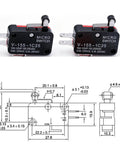 6 Pack Micro Limit Switches With Short Hinge Roller Lever Arm, SPDT 1NO 1NC, Push Button Actuator, For Arduino Projects, Model V-155-1C25, 4 X 2.3 X 1.1 Cm, DC 0.6A125V And 0.3A250V, Red Black Silver, shown with size diagram