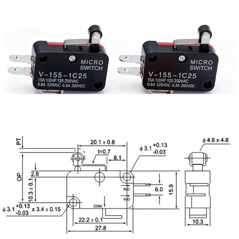 6 Pack Micro Limit Switches With Short Hinge Roller Lever Arm, SPDT 1NO 1NC, Push Button Actuator, For Arduino Projects, Model V-155-1C25, 4 X 2.3 X 1.1 Cm, DC 0.6A125V And 0.3A250V, Red Black Silver, shown with size diagram