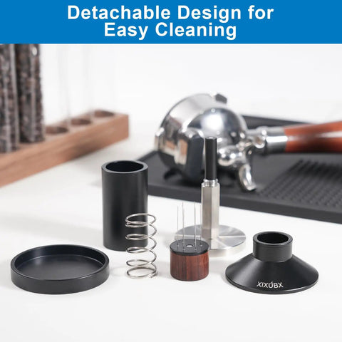 Components of 2-In-1 Espresso Tamper And Magnetic WDT Tool With 53mm Spring-Loaded Base Anodized Aluminum Handle shown