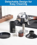Hella Precise 2 In 1 Espresso Tamper And Wdt Tool With Spring Loaded Calibration For 58 Millimeter Baskets disassembled parts on a countertop