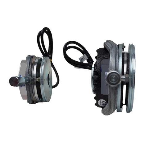 Electromagnetic brake/clutch unit pair; left front view shows shaft, right side view shows housing and DC cables.