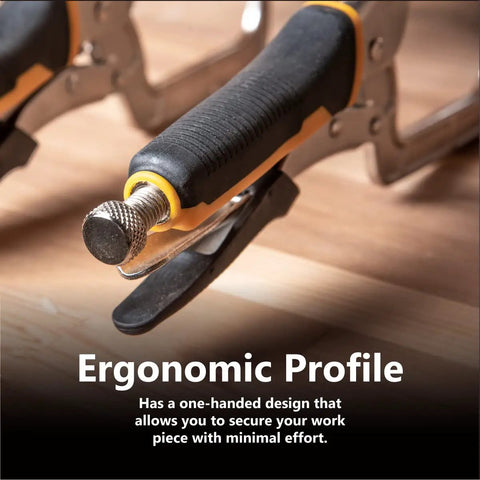 Heavy Duty Quick Release Pocket Hole Clamps Pair featuring ergonomic handle for easy one-handed use on wood projects.