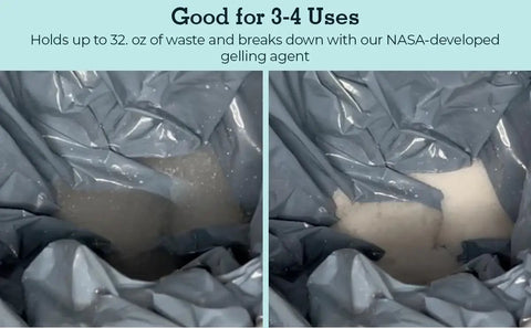 Go Anywhere Portable Toilet Kit For Camping And Travel With NASA Gelling Powder Gel Waste Bag System showing gelling agent process