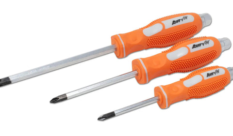 7 Piece JIS Driver Set Pro Grade Screwdrivers And Bits Bundle with orange handles, showing three screwdrivers for precision electronics.