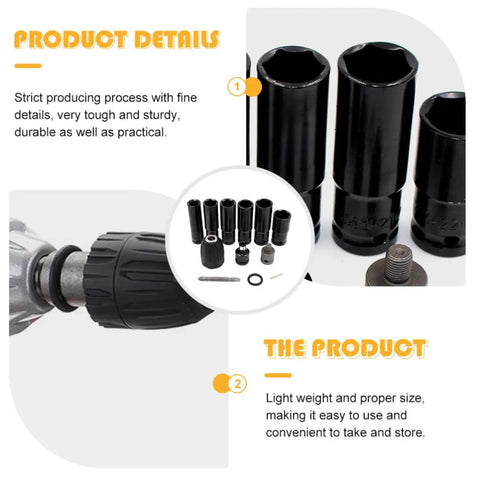 Heavy Duty Vanadium Steel Impact Wrench Socket Set With Chrome Coating Drill Adapter 14 To 22 Mm shown with drill and sockets