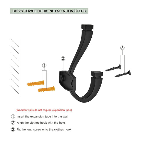 Installation steps for Matte Black 5 Pack Coat And Hat Wall Hooks Double Hooks For Hanging Towels Bags Backpacks Purses Wall Mount