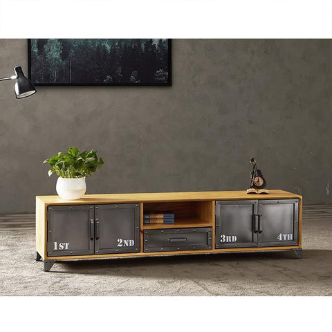 Killer Industrial Solid Wood TV Console With Hella Roomy Storage Drawers Closed Cabinets And Vintage Iron Details with plants