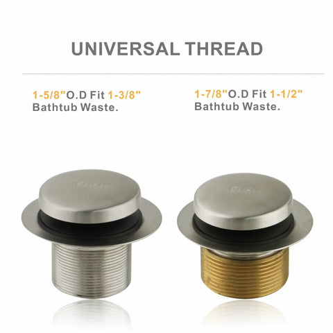 Tub Drain Conversion Kit With Two Hole Overflow Faceplate In Brushed Nickel No Fuss Install Universal Fit shown with thread sizes