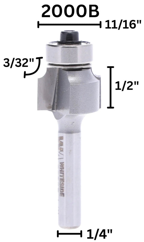 Carbide Tipped Roundover Router Bit With Three Thirty Second Radius Eleven Sixteenths Inch Diameter One Quarter Inch Shank One Half Inch Cutting Length For Smooth Rounded Wood Edges Ideal For DIY Woodworking Projects shown with dimensions