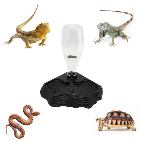 No Sweat Automatic Reptile Water Dispenser Featuring 13.5 Oz Gravity Auto Top Off with reptiles around the black base.