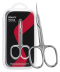 Ultra Precise Cuticle Scissors With Extra Fine Curved Blade For Nail Care And Grooming, in packaging with clear view of blades.