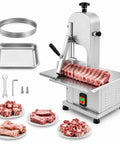 Massive 1500W Jam Free Commercial Meat Band Saw Tears Frozen Blocks And Hard Bones With Sharp Stainless Steel Blade Safety Baffle And Work Table Great For Pro Butchers Or Hunters Crushing Deer Processing Like A Badass with rib cuts and stainless steel prep table.
