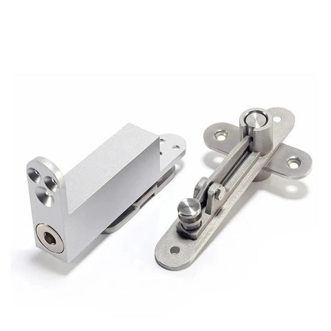 Slick 360 Degree Concealed Tiandi Hinge With Hydraulic Auto Close And Dead Center Locking, silver finish, shown from the side.