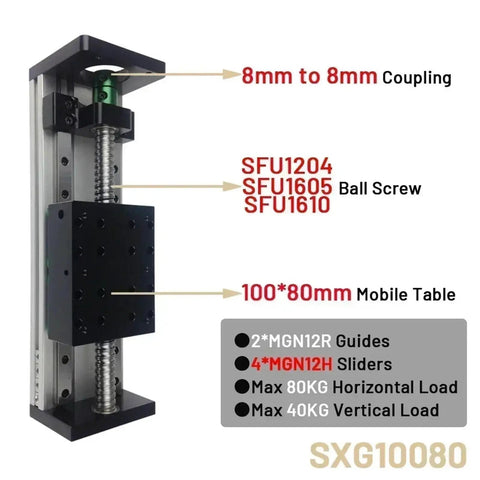 Double Rail SFU Ballscrew Motion Stage with Adjustable Travel and Three Ball Screw Specs, showing 8mm to 8mm coupling and 100x80mm table.