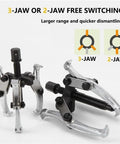 Hardcore Heavy Duty Gear Extractor Tool With Three Jaw Bearing Puller For No Sweat Pulley And Flywheel Removal Forged From Industrial Grade Heat Treated Steel showing 3-jaw and 2-jaw setups.