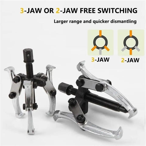 Hardcore Heavy Duty Gear Extractor Tool With Three Jaw Bearing Puller For No Sweat Pulley And Flywheel Removal Forged From Industrial Grade Heat Treated Steel showing 3-jaw and 2-jaw setups.