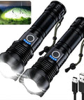 Crazy Bright 90000 Lumens Rechargeable LED Flashlight Set, 2 Pack with USB cable, showcasing high power beam.