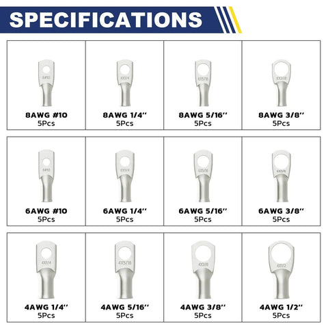 60Pcs Tinned Battery Terminal Lug Kit For Heavy Duty Copper Wire Ends Eyelets Ring Terminals Tubular Lugs For AWG 8 6 4 Wiring Includes 4 Sizes And 12 Types For Auto Marine And DIY Projects, showing different lug sizes and types specifications.