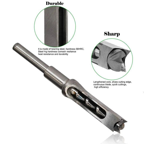 Close-up of 7 Piece Mortising Chisel Bit from Square Hole Drill Bit Set For Woodworking showing sharpness and durability features.