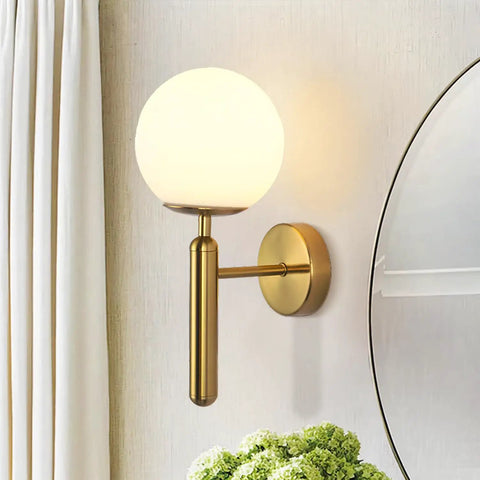 Milk Glass Globe Wall Sconce With Brushed Brass Body In Mid Century Modern Gold Finish Wall Light For Vanity Bathroom Bedroom And Hallway Perfect For Hallways Bathrooms And Vanities Easy To Install And Dimmable Compatible