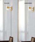 Side-by-side comparison of plug-in and hardwired wall sconces with gold accents and clear glass shades.
