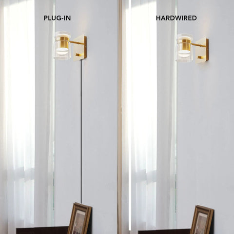 Side-by-side comparison of plug-in and hardwired wall sconces with gold accents and clear glass shades.