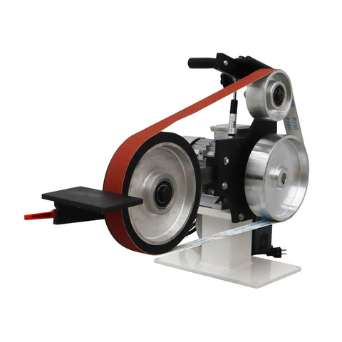 Heavy Duty 71 Inch Desktop Belt Sander Workhorse Featuring A Rock Solid 2200W Motor With Stepless Speed Control And Three Swappable Grinding Wheels For Killer Woodworking Projects showcasing its motor and belt.