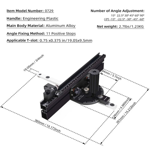 GoingMake compact table saw miter gauge with 360 mm fence, flip stop and positive angle stops, aluminum alloy body