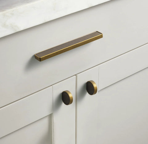Six Pack Antique Brass Finger Pulls For Cabinets And Drawers, Solid Zinc Alloy Hardware installed on white cabinet, vintage style