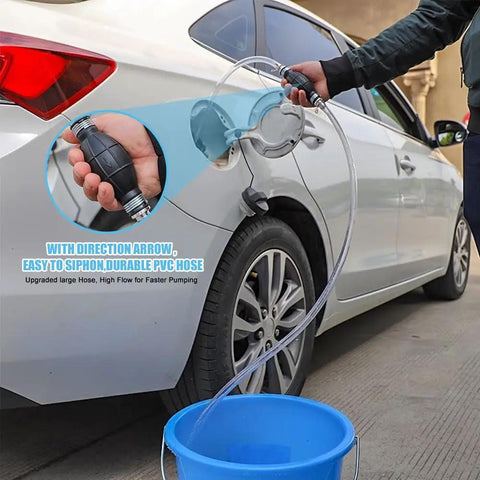 Straight Up Heavy Duty Hand Fuel Transfer Pump, No Sweat Gasoline Siphon Hose Kit being used to siphon fuel into a blue bucket.