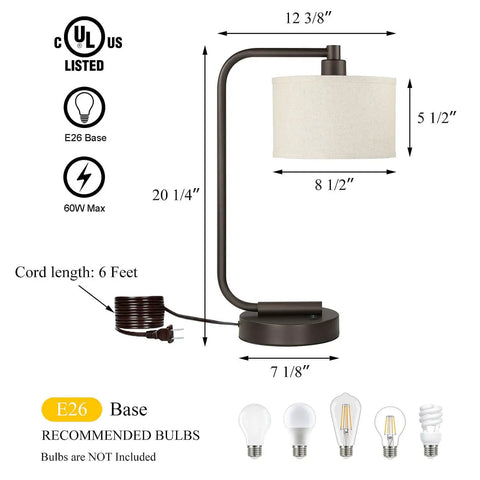Dimensions of Bedside Table Lamp With USB Port, Modern Dark Bronze Desk Lamp With Linen Fabric Drum Shade in inches.
