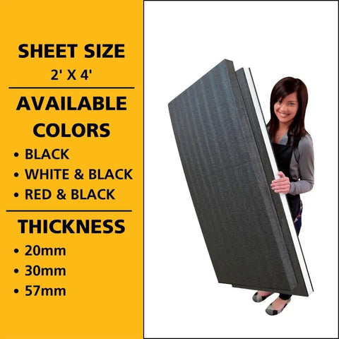 Kaizen Foam Sheet For Tool Organizers And Storage, Pro Grade Customizable Inserts To Create Snug Tool Fits And Prevent Scratches, Keep Gear Neat In Any Toolbox, Cabinet, Or Workbench, 57mm Thick, 2 By 4 Sheet, Black And Red shown with features