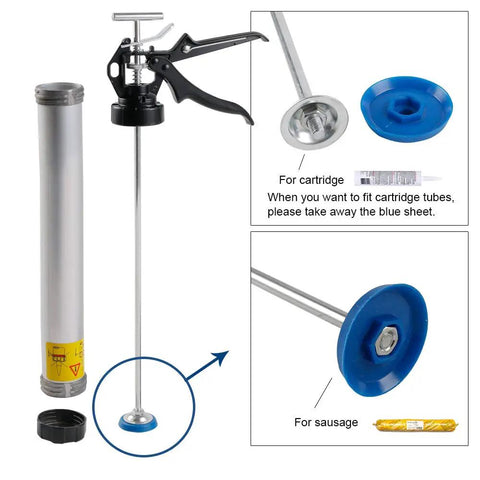 Dual Use Sausage Caulk Gun Kit With 15 Inch Barrel For 20 Oz Sausage Foil Packs Or Standard Cartridges Includes 2 Cone Nozzles