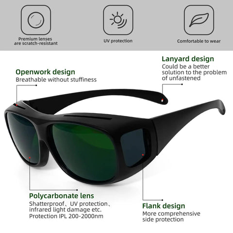 Heavy Duty Laser Safety Glasses With Wrap Around Coverage Delivers Rock Solid OD5 Plus Protection Against Stray Rays Built Tough Polycarbonate Frames with openwork design.